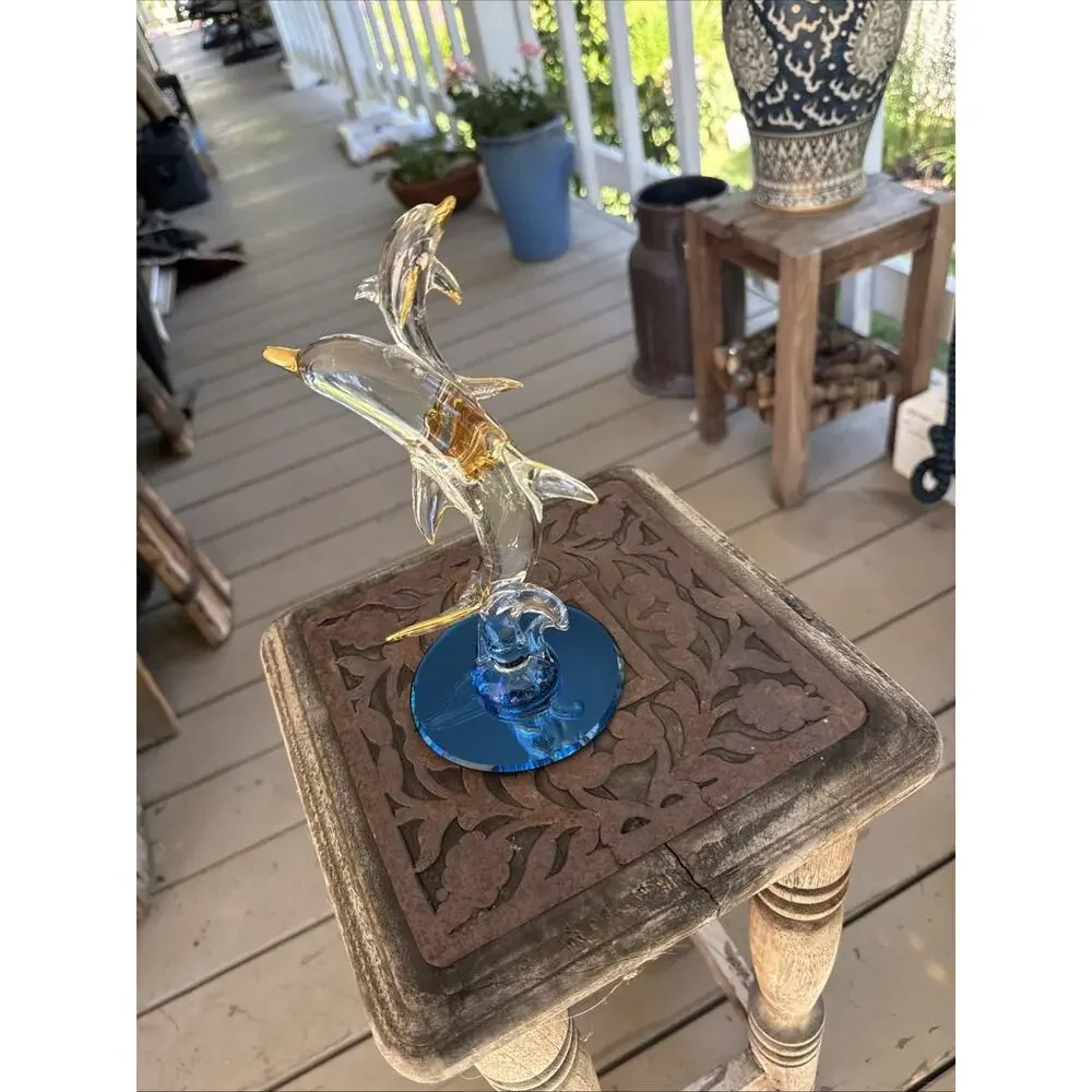 Vintage Blown Glass Leaping Dolphins Figurine 24K Gold Trim Blue Mirror Base